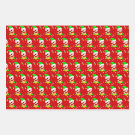 Herz, Strumpf und Weihnachts-Elf auf Rot Geschenkpapier Set (Vorderseite 3)