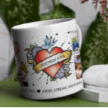 Herz Tattoo Personalisiert 8 Foto Collage Kaffeetasse<br><div class="desc">Feiern Sie Mama's einzigartigen Stil mit diesem spielerischen und herzlichen Design! In dieser Tasse mit einem kühnen, tätowierten Herz, das "Beste Mama je" verkündet, mit einer charmanten Taube und lebhaften Details, geht es darum, die Königin Ihrer Familie zu feiern. Fügen Sie hochgeschätzte Foto-Erinnerungen für eine persönliche Touch hinzu, und Sie...</div>