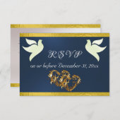 Herz, Tauben & Band - Blau/Gold RSVP Karte (Vorne/Hinten)