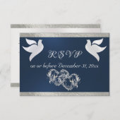Herz, Tauben & Band - Blau/Silber RSVP Karte (Vorne/Hinten)
