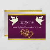 Herz, Tauben & Band - Lila/Gold RSVP Karte (Vorne/Hinten)