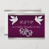 Herz, Tauben & Band - Lila/silber RSVP Karte (Vorne/Hinten)