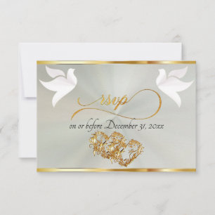 Herz, Tauben & Band - Pastell-Sage/Gold RSVP Karte