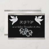 Herz, Tauben & Band - Schwarz/Silber RSVP Karte (Vorne/Hinten)