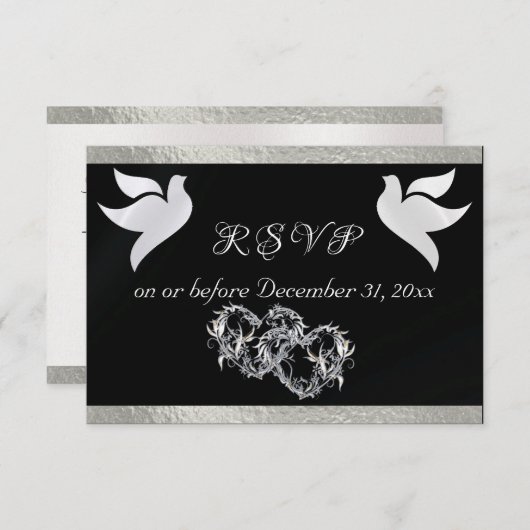 Herz, Tauben & Band - Schwarz/Silber RSVP Karte (Vorne/Hinten)
