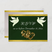 Herz, Tauben & Band - Smarald/Gold RSVP Karte (Vorne/Hinten)