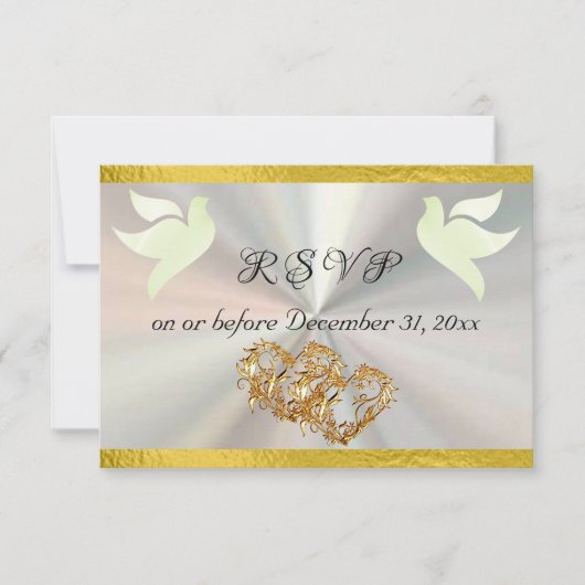 Herz, Tauben & Band - weiß/Gold RSVP Karte (Vorderseite)