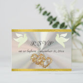 Herz, Tauben & Band - weiß/Gold RSVP Karte (Stehend Vorderseite)