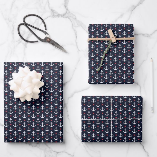 Herz- und Ankermuster Geschenkpapier Set (Vorderseite)