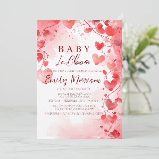 Herz und Baby in Blüte Babydusche Einladung (Stehend Vorderseite)
