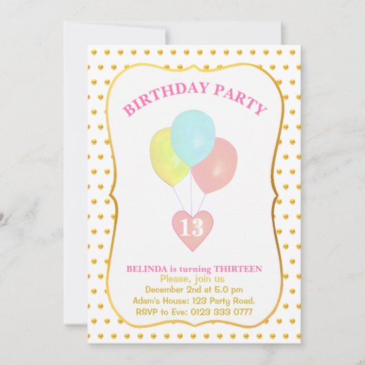 Herz und Ballons 13. Geburtstag Einladung (Vorderseite)