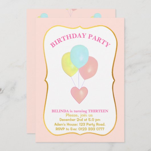Herz und Ballons 13. Geburtstag Einladung (Vorne/Hinten)