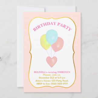 Herz und Ballons 13. Geburtstag Einladung