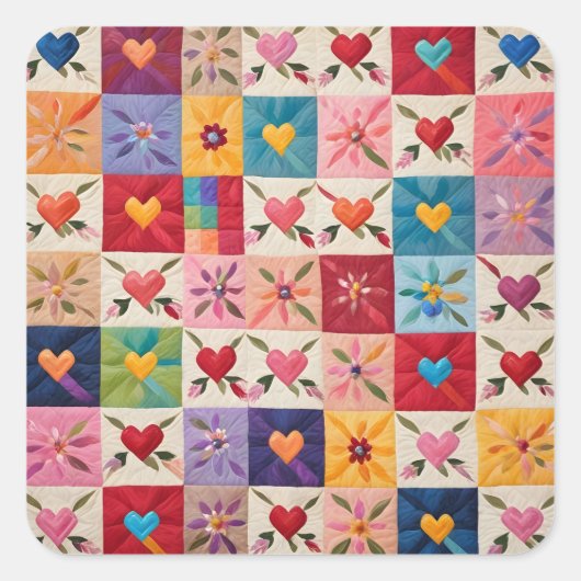 Herz und Blume quilt Quadratischer Aufkleber (Vorderseite)