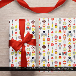 Herz und Blume Rot und Schwarz Niedlich Minimalist Geschenkpapier Set