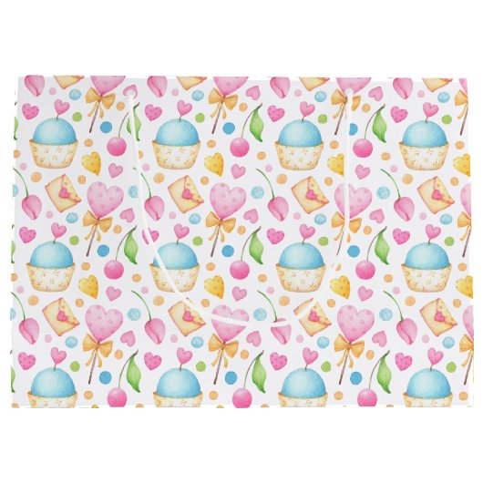 Herz und Cupcakes Süßes Aquarellmuster Große Geschenktüte (Rückseite)