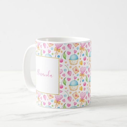 Herz und Cupcakes Süßes Aquarellmuster Kaffeetasse (Vorderseite Links)