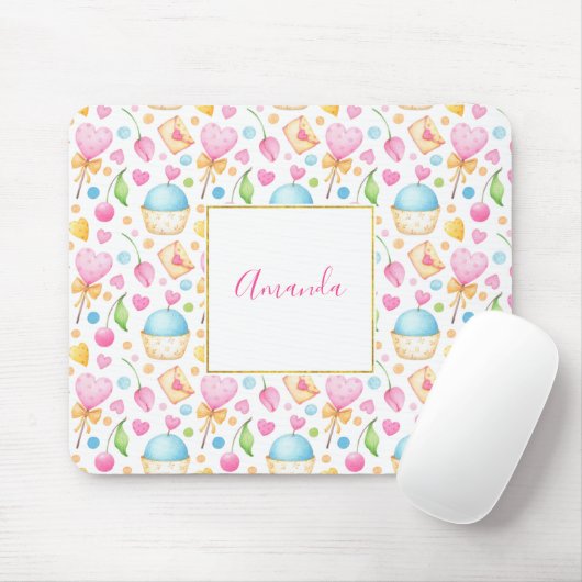 Herz und Cupcakes Süßes Aquarellmuster Mousepad (Mit Mouse)