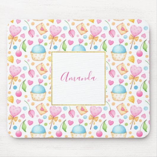 Herz und Cupcakes Süßes Aquarellmuster Mousepad (Vorne)