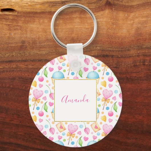 Herz und Cupcakes Süßes Aquarellmuster Schlüsselanhänger (Vorderseite)