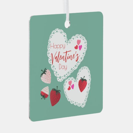 Herz und Erdbeeren Happy Valentines Day Ornament Aus Metall (Vorderseite Rechts)
