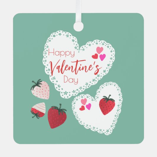 Herz und Erdbeeren Happy Valentines Day Ornament Aus Metall (Vorderseite)