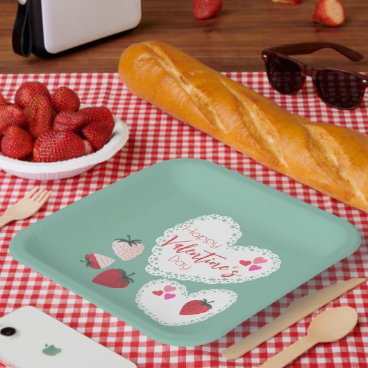 Herz und Erdbeeren Happy Valentines Day Pappteller (Picknick)
