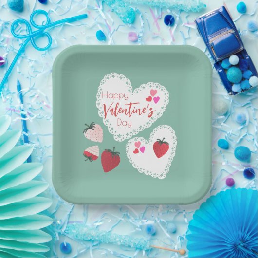 Herz und Erdbeeren Happy Valentines Day Pappteller (Party)