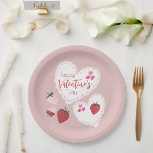Herz und Erdbeeren Happy Valentines Day Pappteller