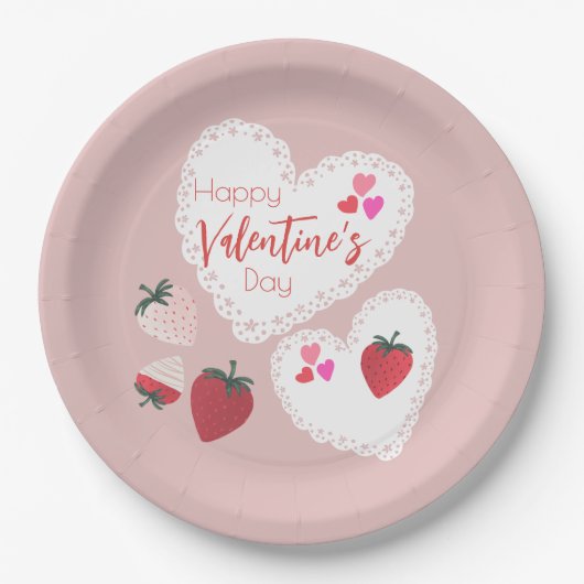 Herz und Erdbeeren Happy Valentines Day Pappteller (Vorderseite)
