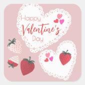 Herz und Erdbeeren Happy Valentines Day Quadratischer Aufkleber (Vorderseite)
