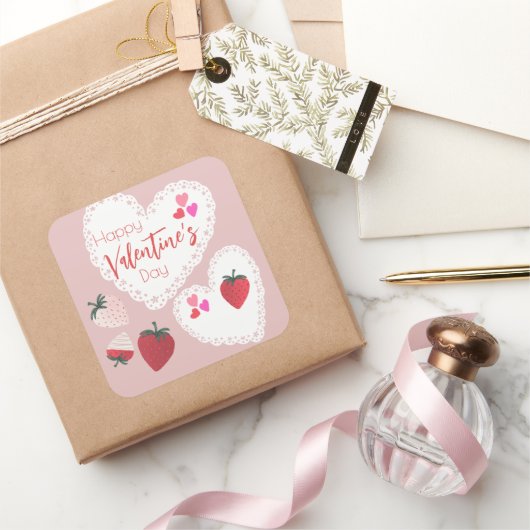 Herz und Erdbeeren Happy Valentines Day Quadratischer Aufkleber (Schenken)