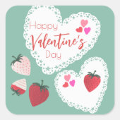 Herz und Erdbeeren Happy Valentines Day Quadratischer Aufkleber (Vorderseite)