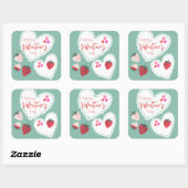 Herz und Erdbeeren Happy Valentines Day Quadratischer Aufkleber (Blatt)