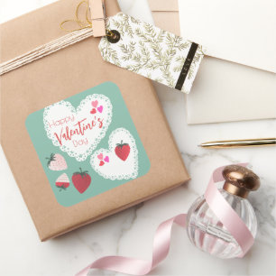 Herz und Erdbeeren Happy Valentines Day Quadratischer Aufkleber