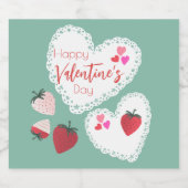 Herz und Erdbeeren Happy Valentines Day Schaumweinetikett (Einzelnes Label)
