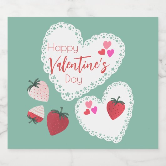 Herz und Erdbeeren Happy Valentines Day Schaumweinetikett (Einzelnes Label)