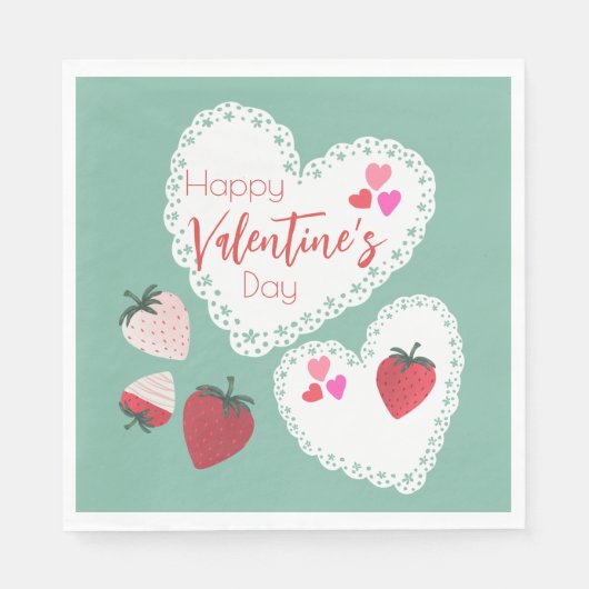 Herz und Erdbeeren Happy Valentines Day Serviette (Vorderseite)