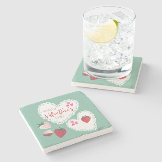 Herz und Erdbeeren Happy Valentines Day Steinuntersetzer (Seitenansicht)