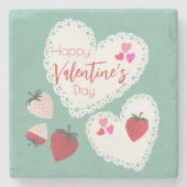 Herz und Erdbeeren Happy Valentines Day Steinuntersetzer (Vorderseite)