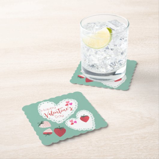 Herz und Erdbeeren Happy Valentines Day Untersetzer (Vor Ort)
