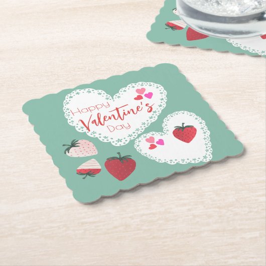 Herz und Erdbeeren Happy Valentines Day Untersetzer (angewinkelt)