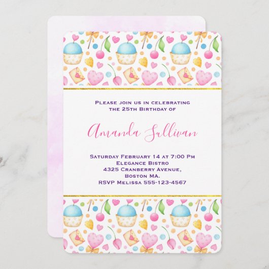 Herz und Liebe Deluxe Wasserfarben Muster Einladung (Vorne/Hinten)