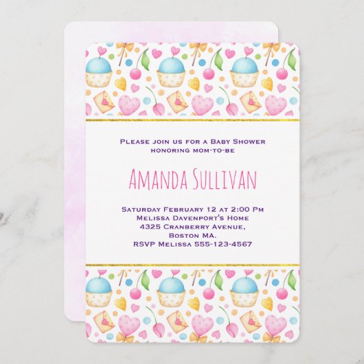 Herz und Liebe Wasserfarben Muster Kinderdusche Einladung (Vorne/Hinten)