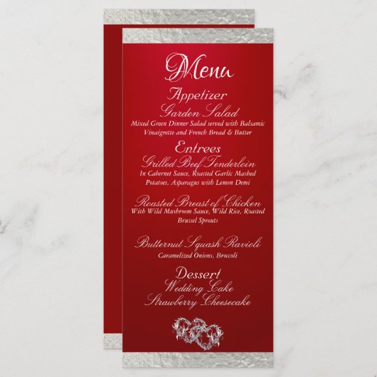 Herz und Monogramm - Crimson/Silver Wedding Menükarte (Vorne/Hinten)