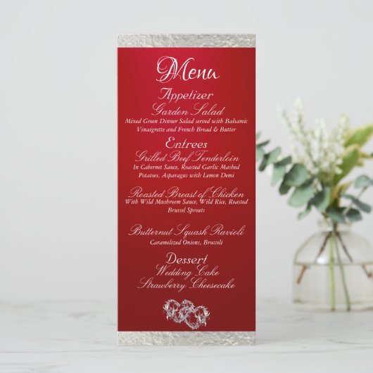 Herz und Monogramm - Crimson/Silver Wedding Menükarte (Stehend Vorderseite)