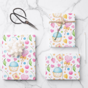 Herz und Muffins Deluxe Wasserfarben Muster Geschenkpapier Set