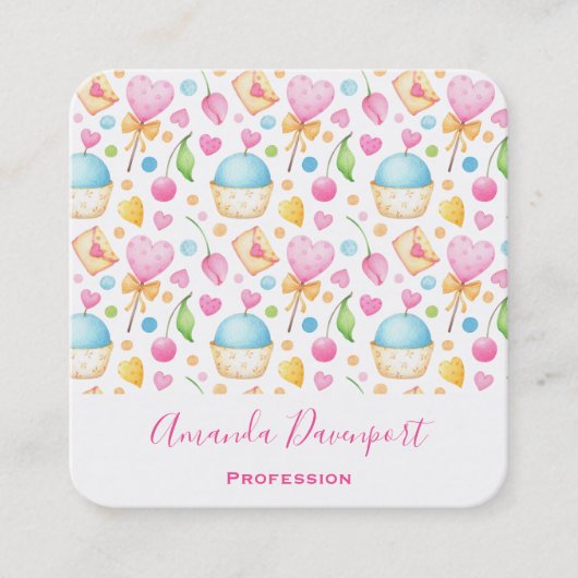 Herz und Muffins Deluxe Wasserfarben Muster Quadratische Visitenkarte (Vorderseite)