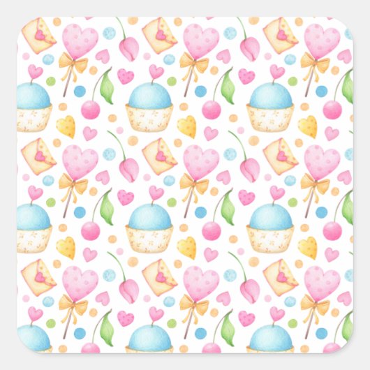Herz und Muffins Deluxe Wasserfarben Muster Quadratischer Aufkleber (Vorderseite)