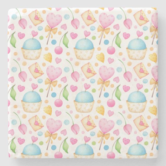 Herz und Muffins Deluxe Wasserfarben Muster Steinuntersetzer (Vorderseite)